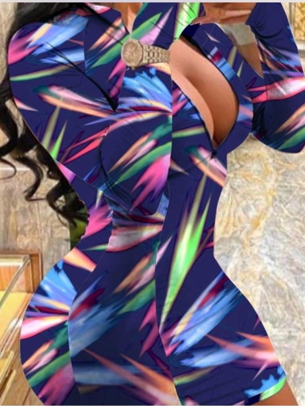 Navy Multi-Color Abstract Long-Sleeve Mini Dress